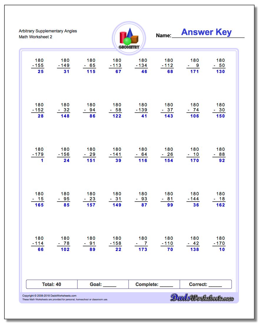 Arbitrary Supplementary Angles www.dadsworksheets.com/worksheets/basic-geometry.html Worksheet