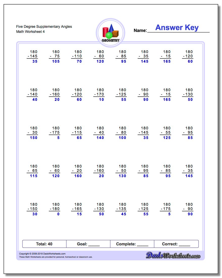 Five Degree Supplementary Angles Worksheet
