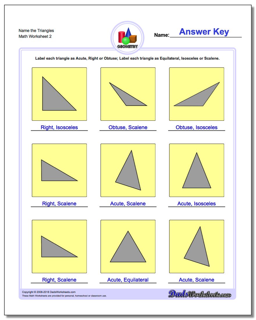 Name the Triangles www.dadsworksheets.com/worksheets/basic-geometry.html Worksheet