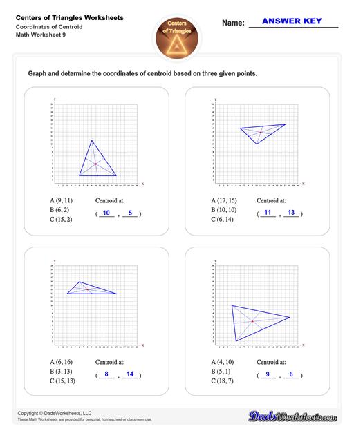 Center of triangle worksheets for practice finding the centroid of a triangle, orthocenter of a triangle, and circumcenter of a triangle.  Center Of Triangle Coordinates Of Centroid V1