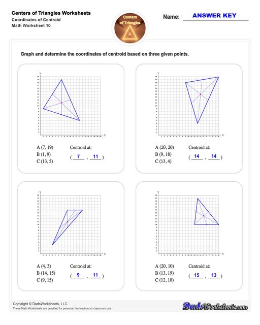 Center of triangle worksheets for practice finding the centroid of a triangle, orthocenter of a triangle, and circumcenter of a triangle.  Center Of Triangle Coordinates Of Centroid V2