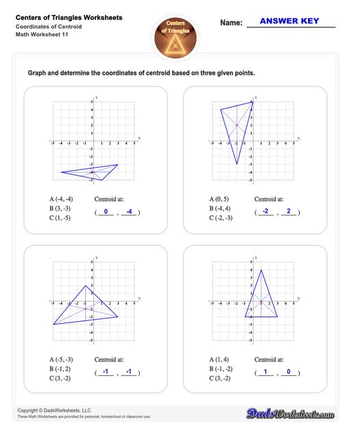 Center of triangle worksheets for practice finding the centroid of a triangle, orthocenter of a triangle, and circumcenter of a triangle.  Center Of Triangle Coordinates Of Centroid V3