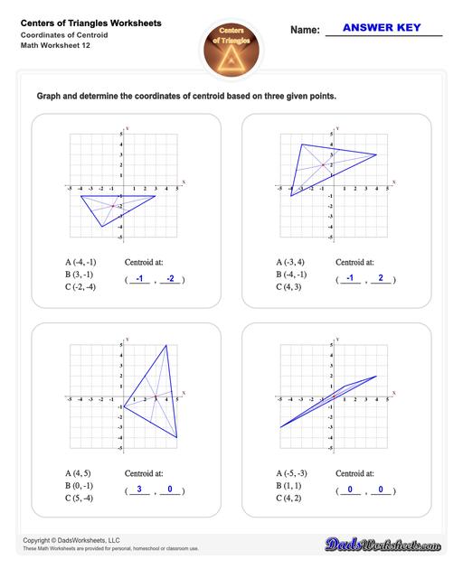 Center of triangle worksheets for practice finding the centroid of a triangle, orthocenter of a triangle, and circumcenter of a triangle.  Center Of Triangle Coordinates Of Centroid V4