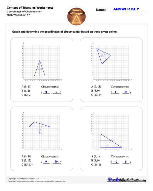 Center of triangle worksheets for practice finding the centroid of a triangle, orthocenter of a triangle, and circumcenter of a triangle.  Center Of Triangle Coordinates Of Circumcenter V1