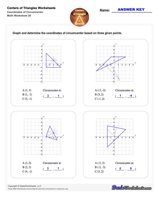 Center of triangle worksheets for practice finding the centroid of a triangle, orthocenter of a triangle, and circumcenter of a triangle.  Center Of Triangle Coordinates Of Circumcenter V4