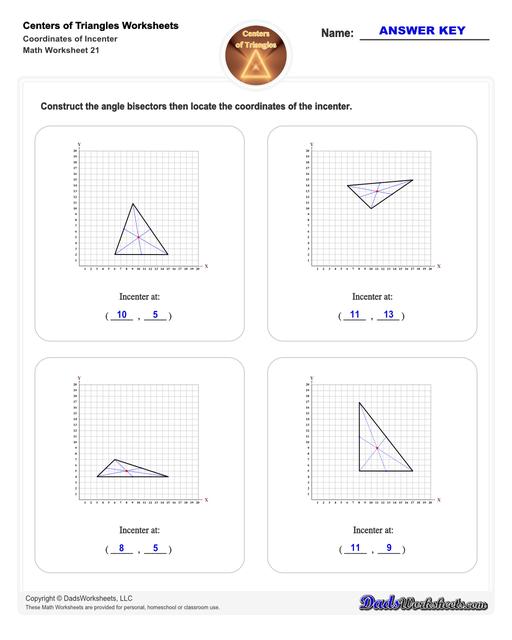 Center of triangle worksheets for practice finding the centroid of a triangle, orthocenter of a triangle, and circumcenter of a triangle.  Center Of Triangle Coordinates Of Incenter V1