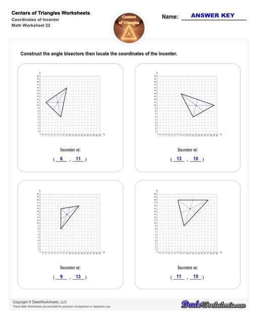 Center of triangle worksheets for practice finding the centroid of a triangle, orthocenter of a triangle, and circumcenter of a triangle.  Center Of Triangle Coordinates Of Incenter V2