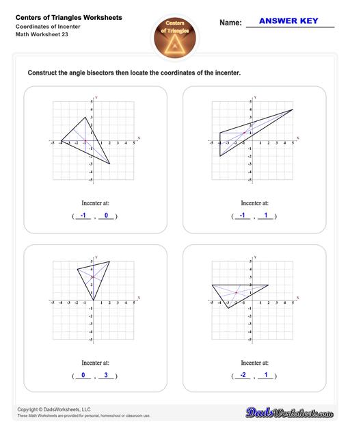 Center of triangle worksheets for practice finding the centroid of a triangle, orthocenter of a triangle, and circumcenter of a triangle.  Center Of Triangle Coordinates Of Incenter V3