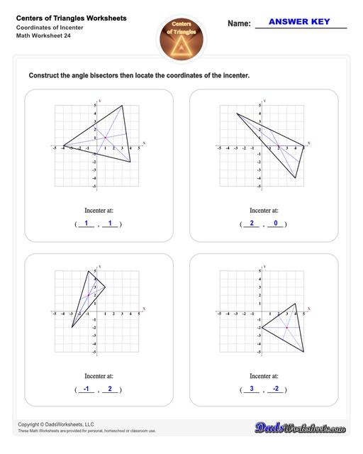 Center of triangle worksheets for practice finding the centroid of a triangle, orthocenter of a triangle, and circumcenter of a triangle.  Center Of Triangle Coordinates Of Incenter V4