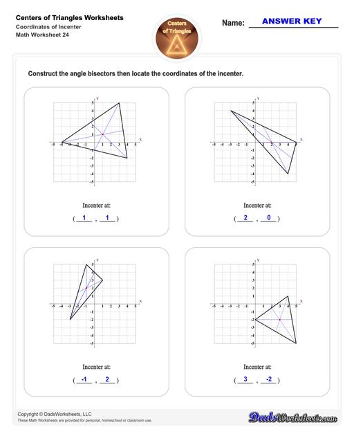 Center of triangle worksheets for practice finding the centroid of a triangle, orthocenter of a triangle, and circumcenter of a triangle.  Center Of Triangle Coordinates Of Incenter V4