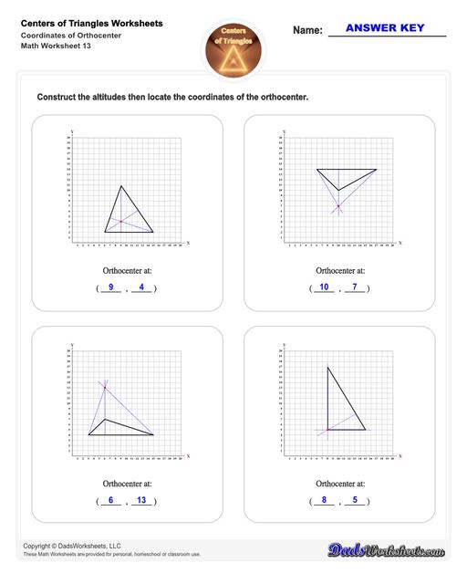 Center of triangle worksheets for practice finding the centroid of a triangle, orthocenter of a triangle, and circumcenter of a triangle.  Center Of Triangle Coordinates Of Orthocenter V1