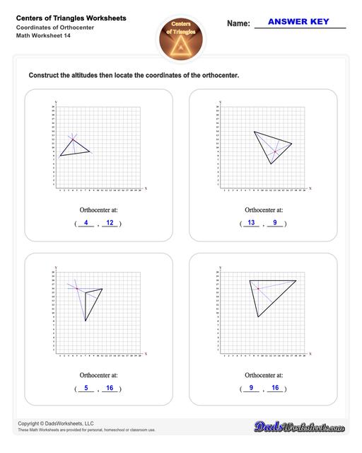 Center of triangle worksheets for practice finding the centroid of a triangle, orthocenter of a triangle, and circumcenter of a triangle.  Center Of Triangle Coordinates Of Orthocenter V2