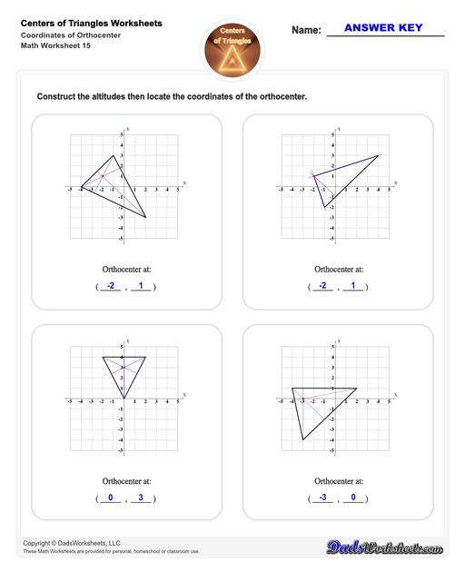 Center of triangle worksheets for practice finding the centroid of a triangle, orthocenter of a triangle, and circumcenter of a triangle.  Center Of Triangle Coordinates Of Orthocenter V3