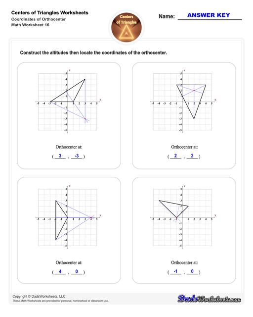 Center of triangle worksheets for practice finding the centroid of a triangle, orthocenter of a triangle, and circumcenter of a triangle.  Center Of Triangle Coordinates Of Orthocenter V4