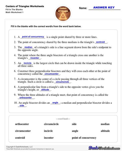 Center of triangle worksheets for practice finding the centroid of a triangle, orthocenter of a triangle, and circumcenter of a triangle.  Center Of Triangle Fill In The Blanks V1