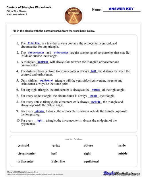 Center of triangle worksheets for practice finding the centroid of a triangle, orthocenter of a triangle, and circumcenter of a triangle.  Center Of Triangle Fill In The Blanks V2