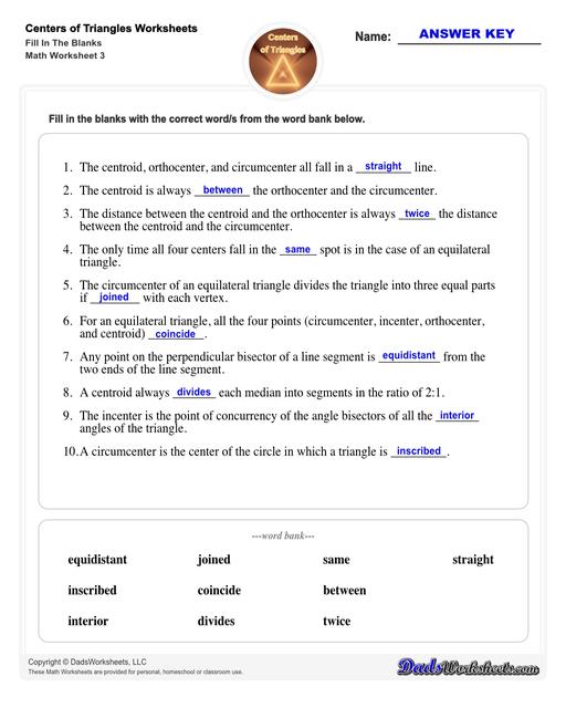 Center of triangle worksheets for practice finding the centroid of a triangle, orthocenter of a triangle, and circumcenter of a triangle.  Center Of Triangle Fill In The Blanks V3