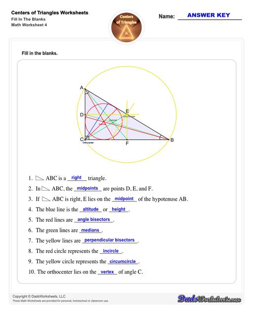 Center of triangle worksheets for practice finding the centroid of a triangle, orthocenter of a triangle, and circumcenter of a triangle.  Center Of Triangle Fill In The Blanks V4