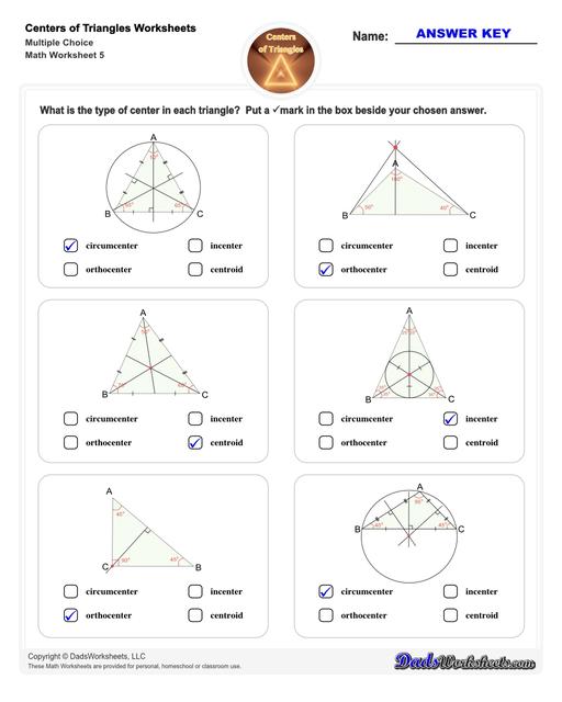 Center of triangle worksheets for practice finding the centroid of a triangle, orthocenter of a triangle, and circumcenter of a triangle.  Center Of Triangle Multiple Choice V1