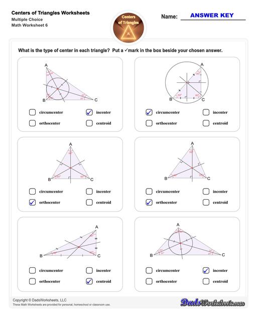 Center of triangle worksheets for practice finding the centroid of a triangle, orthocenter of a triangle, and circumcenter of a triangle.  Center Of Triangle Multiple Choice V2