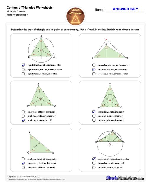 Center of triangle worksheets for practice finding the centroid of a triangle, orthocenter of a triangle, and circumcenter of a triangle.  Center Of Triangle Multiple Choice V3