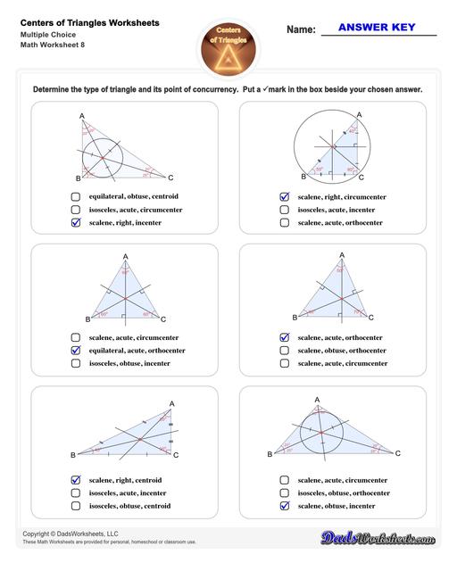 Center of triangle worksheets for practice finding the centroid of a triangle, orthocenter of a triangle, and circumcenter of a triangle.  Center Of Triangle Multiple Choice V4