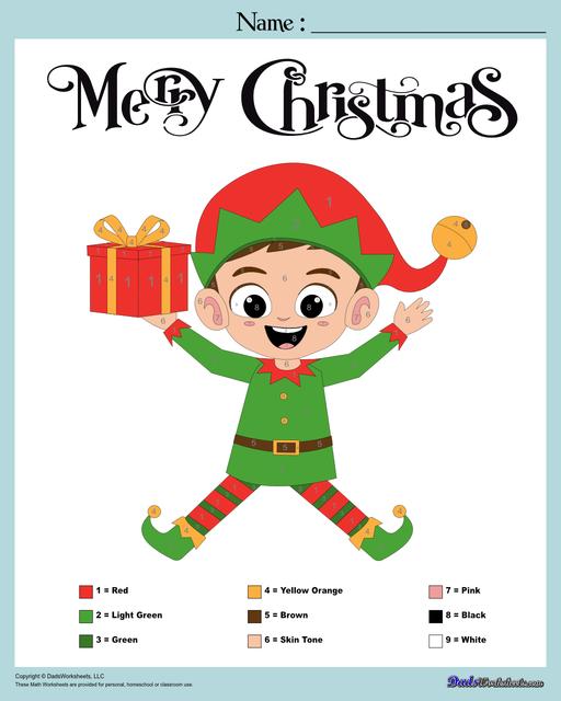 This collection of Christmas-themed math worksheets are designed to reinforce specific math skills and concepts, from simple number recognition to basic operations, along with engaging color-by-number style worksheets, puzzles, and more!  Christmas Color By Number Elf