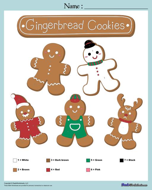This collection of Christmas-themed math worksheets are designed to reinforce specific math skills and concepts, from simple number recognition to basic operations, along with engaging color-by-number style worksheets, puzzles, and more!  Christmas Color By Number Gingerbread Cookies