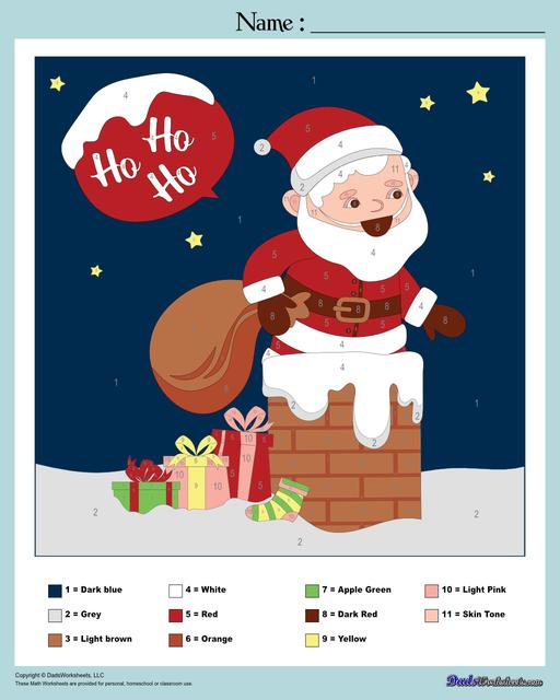 This collection of Christmas-themed math worksheets are designed to reinforce specific math skills and concepts, from simple number recognition to basic operations, along with engaging color-by-number style worksheets, puzzles, and more!  Christmas Color By Number Santa Claus