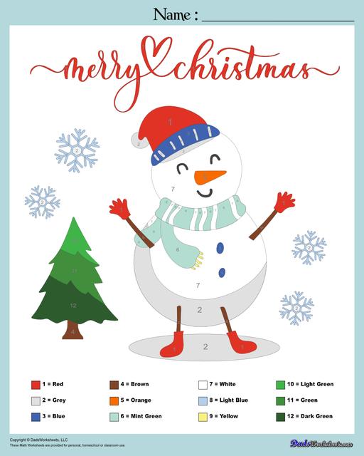 This collection of Christmas-themed math worksheets are designed to reinforce specific math skills and concepts, from simple number recognition to basic operations, along with engaging color-by-number style worksheets, puzzles, and more!  Christmas Color By Number Snowman