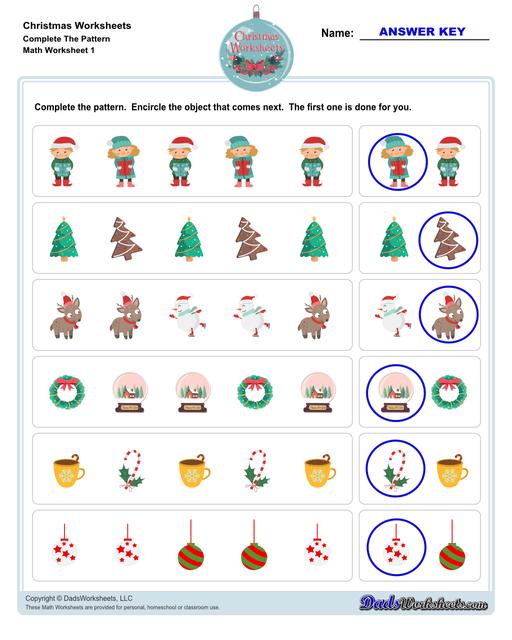 This collection of Christmas-themed math worksheets are designed to reinforce specific math skills and concepts, from simple number recognition to basic operations, along with engaging color-by-number style worksheets, puzzles, and more!  Christmas Complete The Pattern V1