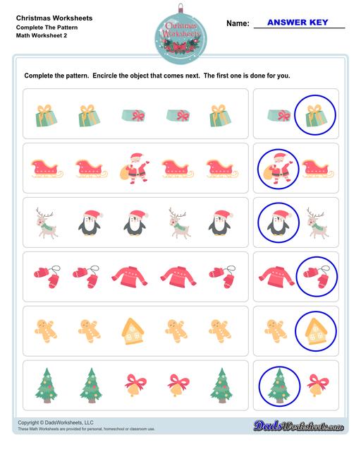 This collection of Christmas-themed math worksheets are designed to reinforce specific math skills and concepts, from simple number recognition to basic operations, along with engaging color-by-number style worksheets, puzzles, and more!  Christmas Complete The Pattern V2