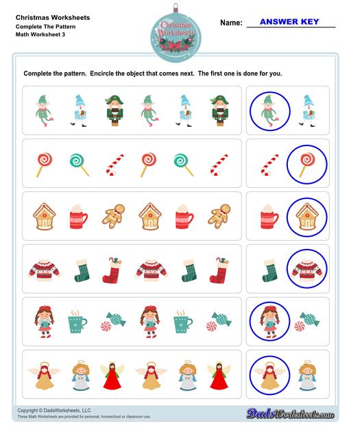 This collection of Christmas-themed math worksheets are designed to reinforce specific math skills and concepts, from simple number recognition to basic operations, along with engaging color-by-number style worksheets, puzzles, and more!  Christmas Complete The Pattern V3