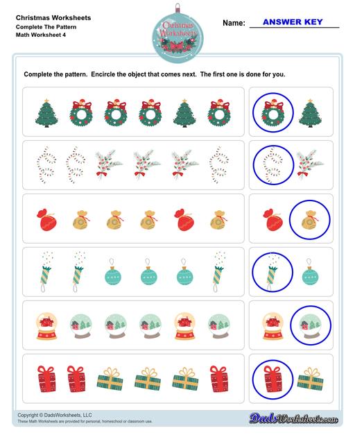 This collection of Christmas-themed math worksheets are designed to reinforce specific math skills and concepts, from simple number recognition to basic operations, along with engaging color-by-number style worksheets, puzzles, and more!  Christmas Complete The Pattern V4