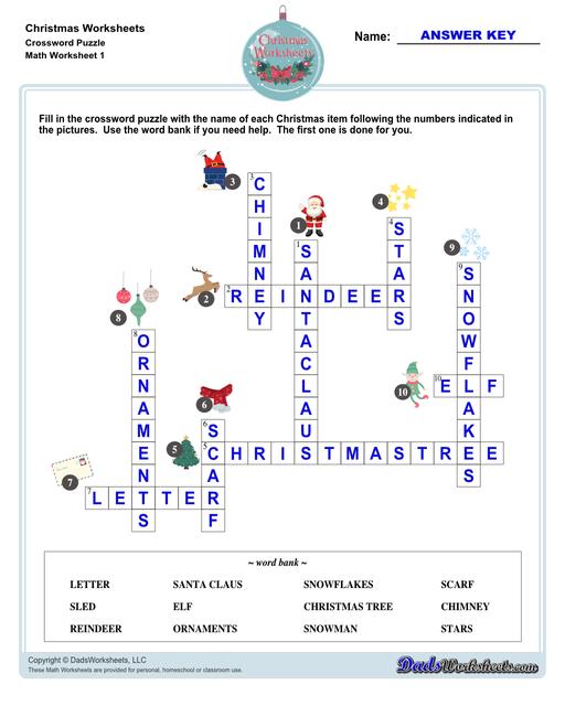 This collection of Christmas-themed math worksheets are designed to reinforce specific math skills and concepts, from simple number recognition to basic operations, along with engaging color-by-number style worksheets, puzzles, and more!  Christmas Crossword Puzzle V1