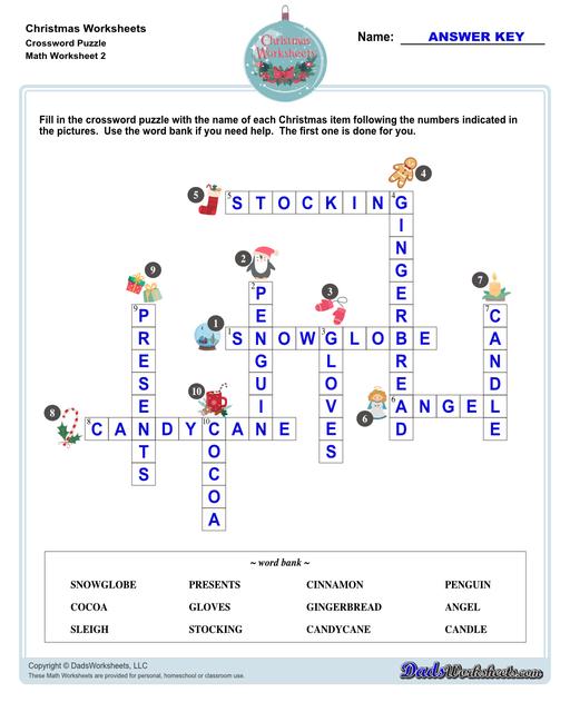 This collection of Christmas-themed math worksheets are designed to reinforce specific math skills and concepts, from simple number recognition to basic operations, along with engaging color-by-number style worksheets, puzzles, and more!  Christmas Crossword Puzzle V2