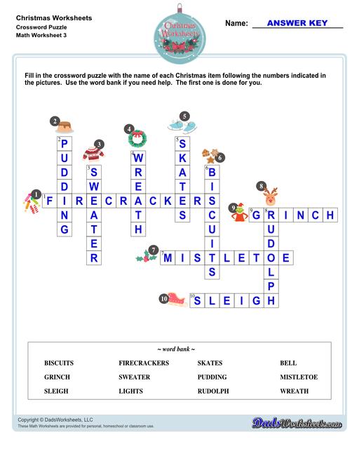 This collection of Christmas-themed math worksheets are designed to reinforce specific math skills and concepts, from simple number recognition to basic operations, along with engaging color-by-number style worksheets, puzzles, and more!  Christmas Crossword Puzzle V3