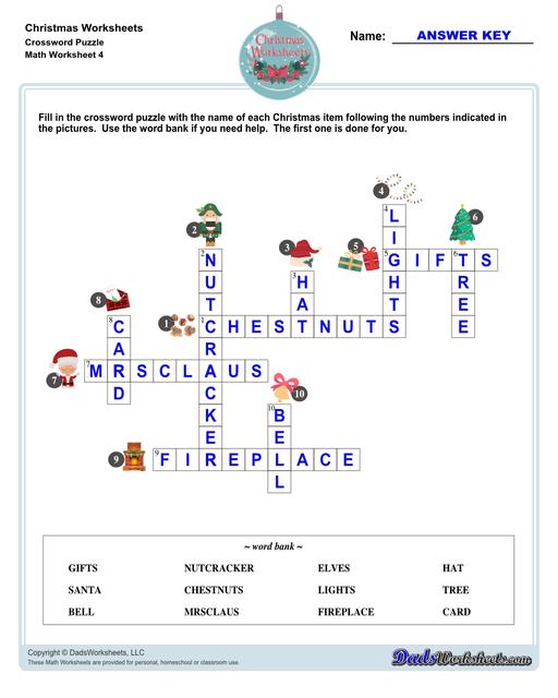 This collection of Christmas-themed math worksheets are designed to reinforce specific math skills and concepts, from simple number recognition to basic operations, along with engaging color-by-number style worksheets, puzzles, and more!  Christmas Crossword Puzzle V4