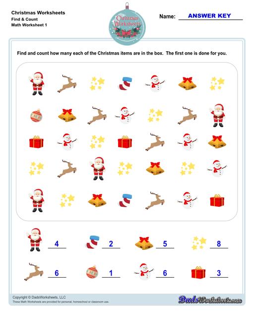 This collection of Christmas-themed math worksheets are designed to reinforce specific math skills and concepts, from simple number recognition to basic operations, along with engaging color-by-number style worksheets, puzzles, and more!  Christmas Find And Count V1