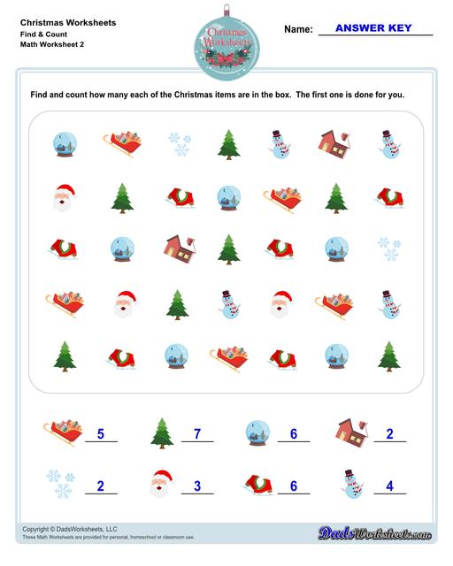 This collection of Christmas-themed math worksheets are designed to reinforce specific math skills and concepts, from simple number recognition to basic operations, along with engaging color-by-number style worksheets, puzzles, and more!  Christmas Find And Count V2