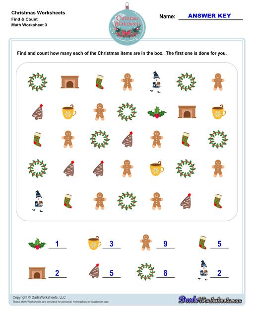 This collection of Christmas-themed math worksheets are designed to reinforce specific math skills and concepts, from simple number recognition to basic operations, along with engaging color-by-number style worksheets, puzzles, and more!  Christmas Find And Count V3