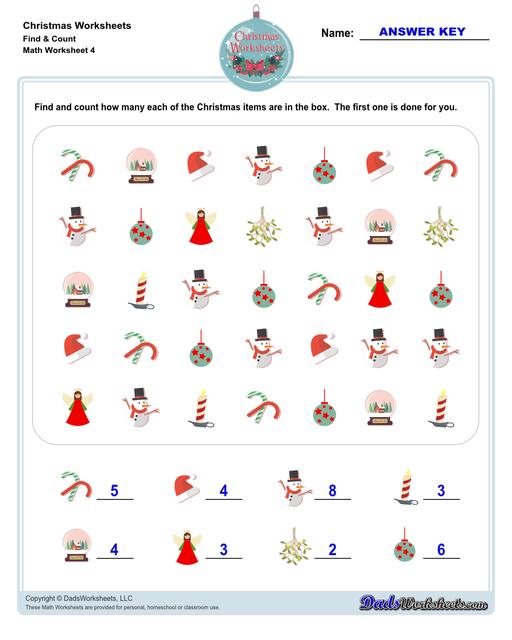 This collection of Christmas-themed math worksheets are designed to reinforce specific math skills and concepts, from simple number recognition to basic operations, along with engaging color-by-number style worksheets, puzzles, and more!  Christmas Find And Count V4