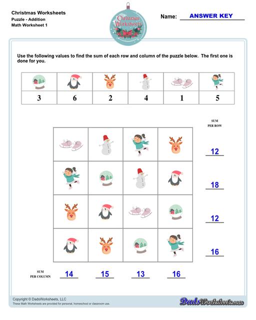 This collection of Christmas-themed math worksheets are designed to reinforce specific math skills and concepts, from simple number recognition to basic operations, along with engaging color-by-number style worksheets, puzzles, and more!  Christmas Puzzle Addition V1