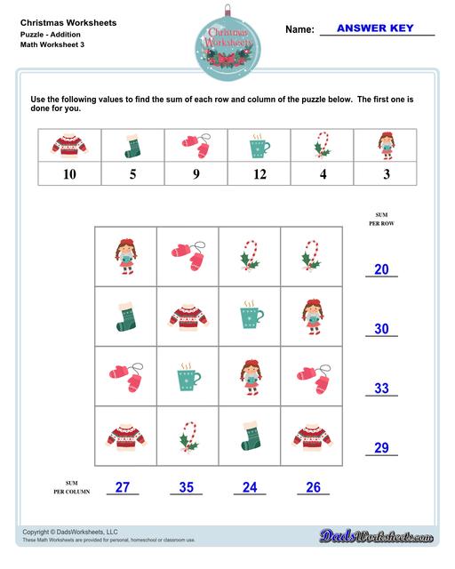 This collection of Christmas-themed math worksheets are designed to reinforce specific math skills and concepts, from simple number recognition to basic operations, along with engaging color-by-number style worksheets, puzzles, and more!  Christmas Puzzle Addition V3