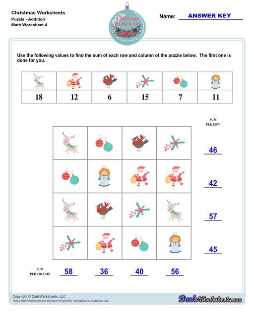 This collection of Christmas-themed math worksheets are designed to reinforce specific math skills and concepts, from simple number recognition to basic operations, along with engaging color-by-number style worksheets, puzzles, and more!  Christmas Puzzle Addition V4