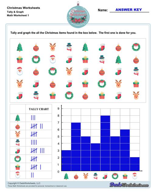 This collection of Christmas-themed math worksheets are designed to reinforce specific math skills and concepts, from simple number recognition to basic operations, along with engaging color-by-number style worksheets, puzzles, and more!  Christmas Tally And Graph V1