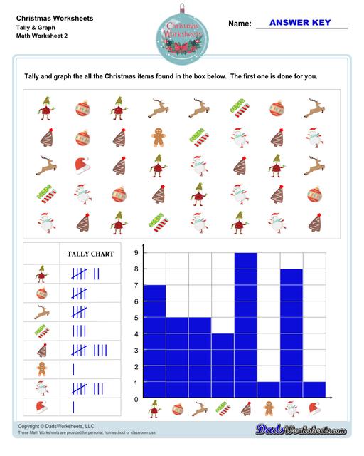 This collection of Christmas-themed math worksheets are designed to reinforce specific math skills and concepts, from simple number recognition to basic operations, along with engaging color-by-number style worksheets, puzzles, and more!  Christmas Tally And Graph V2