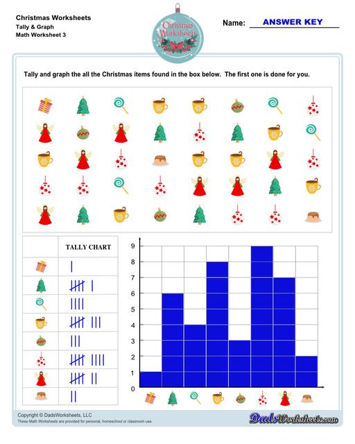 This collection of Christmas-themed math worksheets are designed to reinforce specific math skills and concepts, from simple number recognition to basic operations, along with engaging color-by-number style worksheets, puzzles, and more!  Christmas Tally And Graph V3