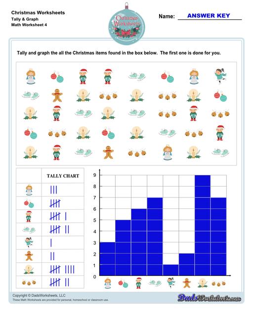 This collection of Christmas-themed math worksheets are designed to reinforce specific math skills and concepts, from simple number recognition to basic operations, along with engaging color-by-number style worksheets, puzzles, and more!  Christmas Tally And Graph V4