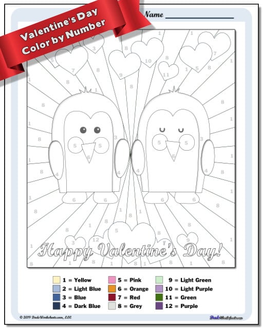 Valentine's Day Penguins Color by Number Worksheet